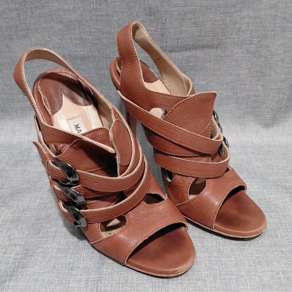 Manolo Blahnik Brown Cognac Leather Heeled Sandals Strappy Buckle EU 36.5 US 6.5